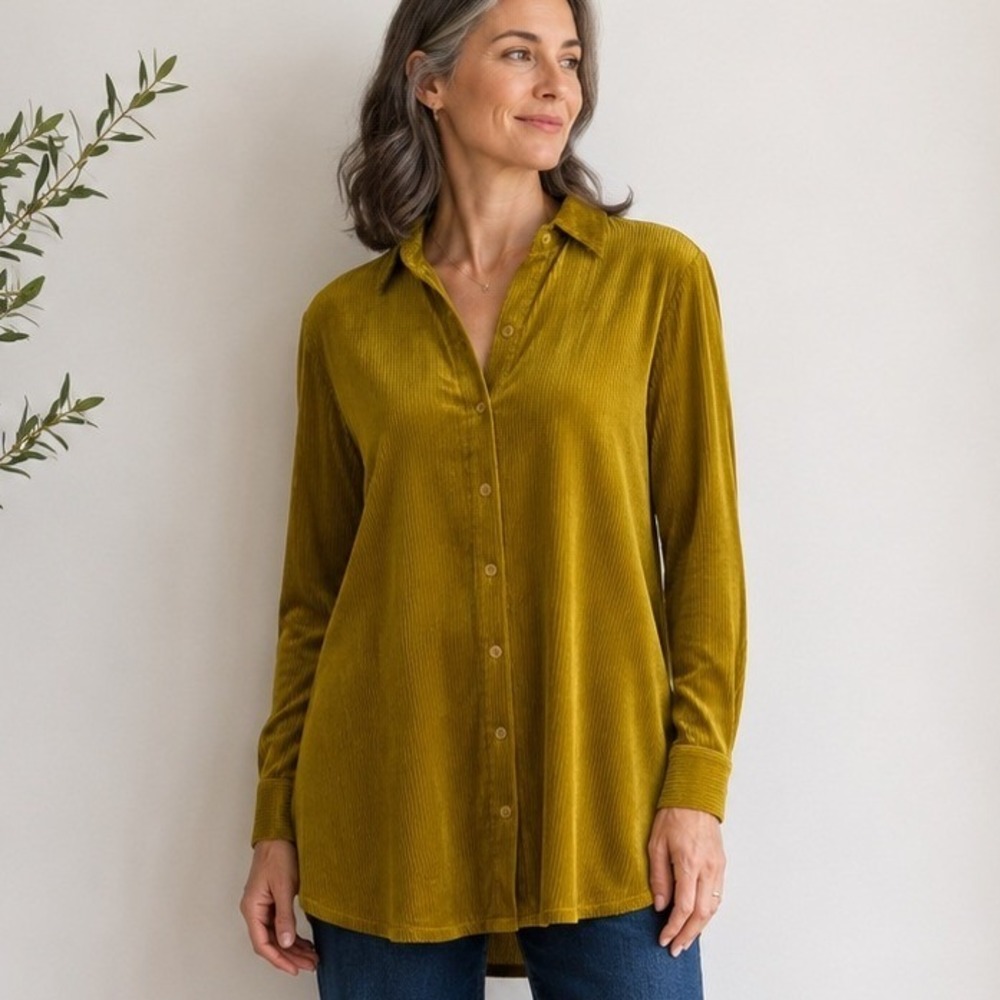 Soft Surroundings Velvet Boyfriend Tunic Shirt Women's Small‎ Gold Boho Hippie
